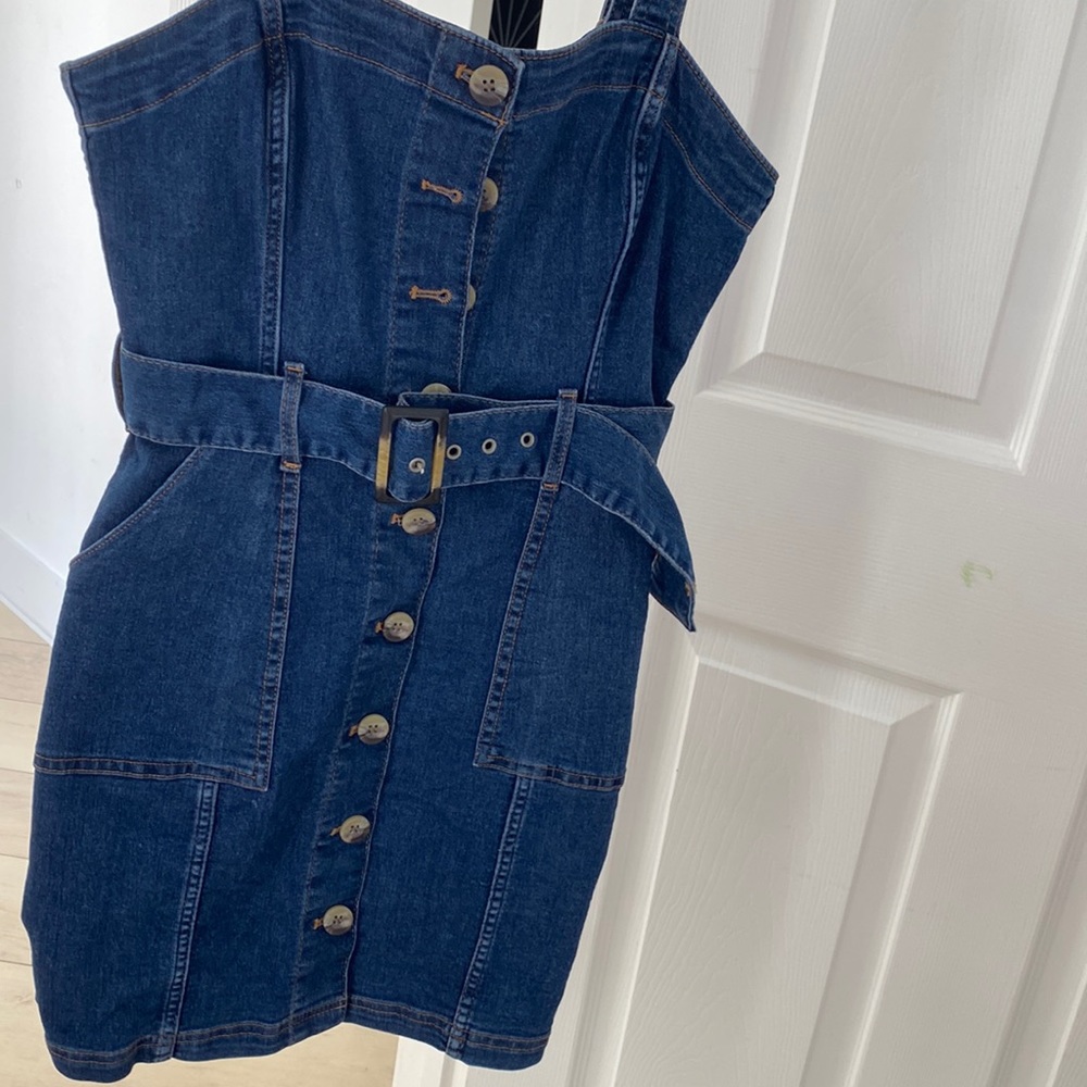 Mini jean button down dress with belt.